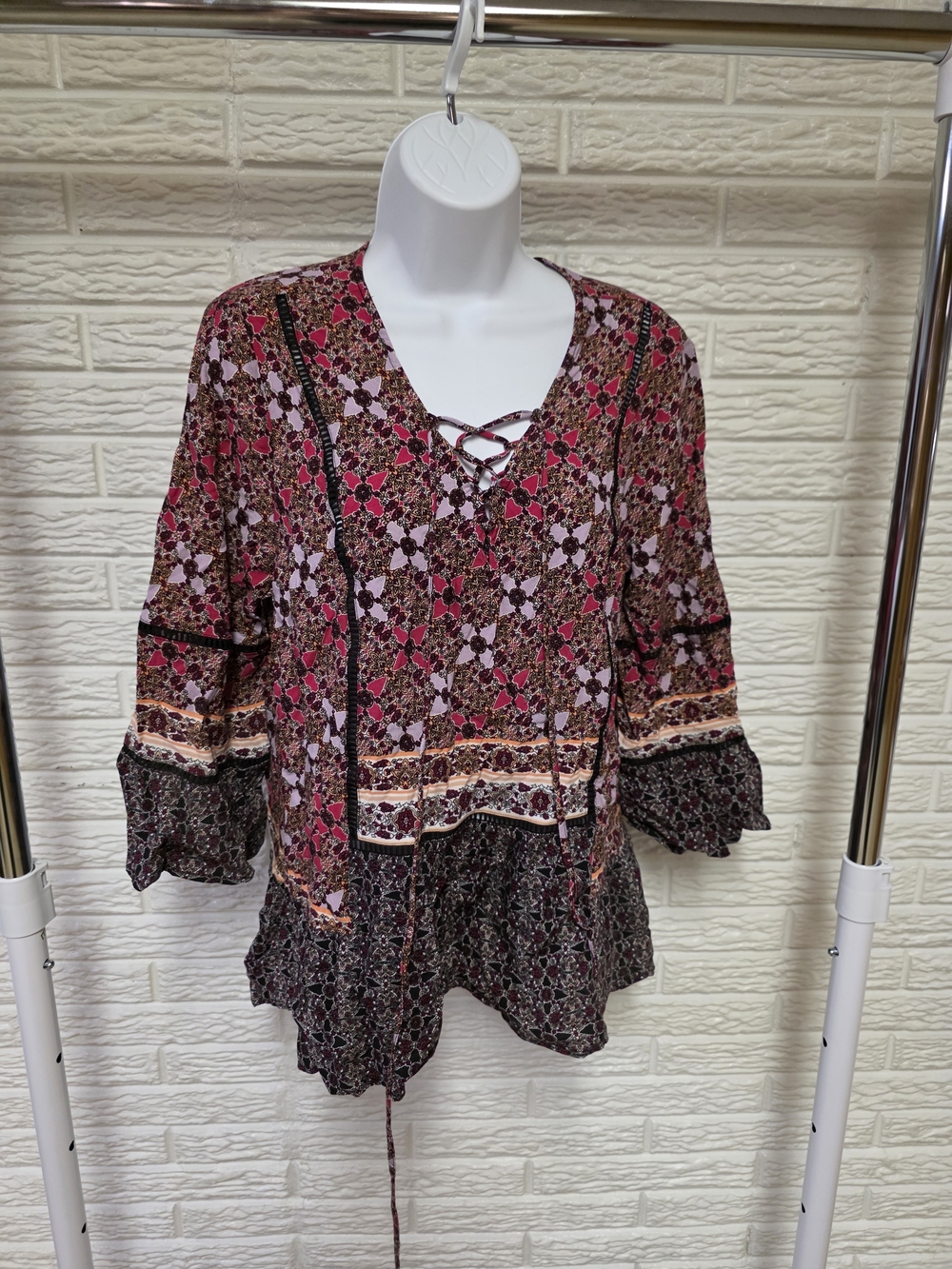 Lace-Up V-Neck Floral Boho Tunic - Pink Multi